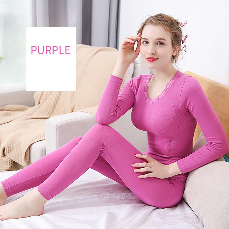 Women Winter Autumn Thermal Underwear Lace O-neck Female Tight Suit Thicken Windproof Comfortable Soft Lining Long Sleeve High Elasticity Warm Pajamas