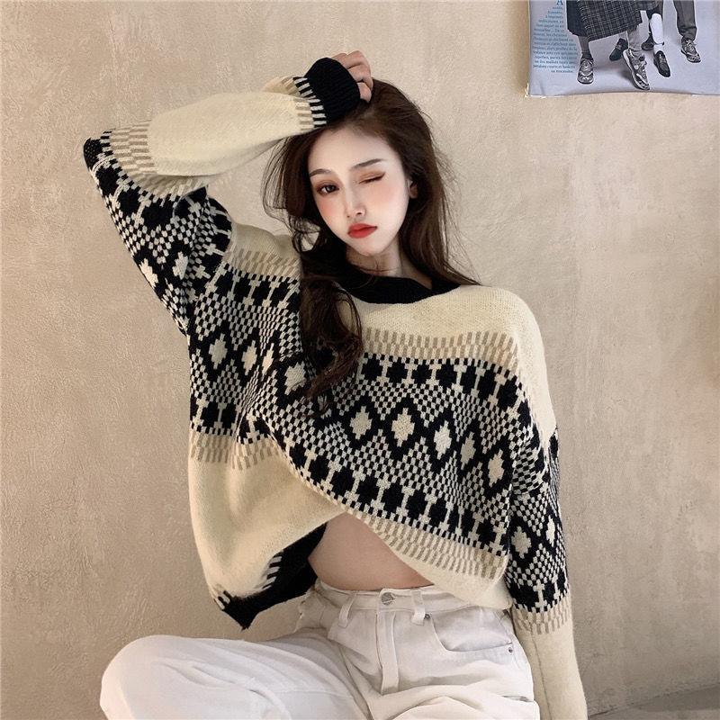 Sweater Autumn Winter Loose Long-sleeved Women's Fashion Retro Round Neck Casual Padded Pullover Knitted Top