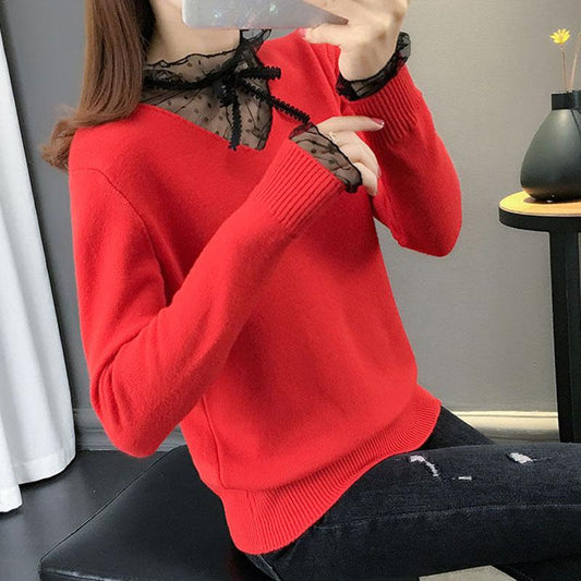Autumn and Winter Lace Sexy Bottoming Shirt Knitted Solid Color Top Fashion Casual Women Sweater