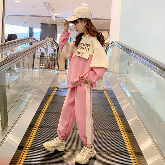 Girls Suit Spring and Autumn Korean Version Sports and Leisure Two-piece Set Letter Printing Pullover Long-sleeved Loose Color Matching Two-piece Set