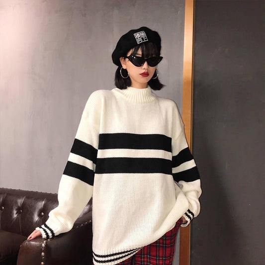Color Matching Half Turtleneck Female Autumn and Winter Loose Embroidery Thick Knit Coat