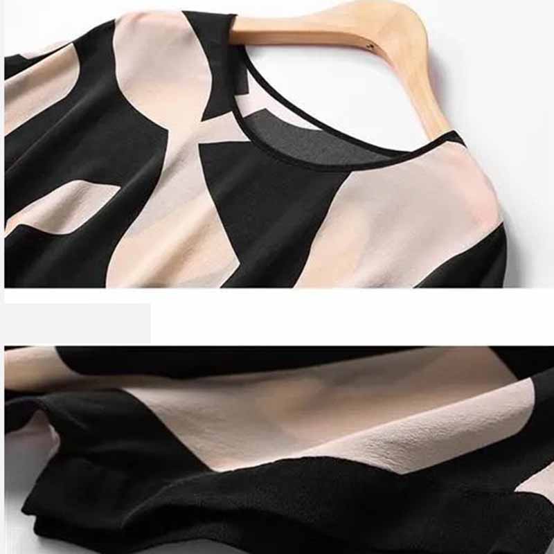 Imitation Silk Stitching T-shirt Women Spring and Summer New Short-sleeved Loose Round Neck Printed Top Blouse