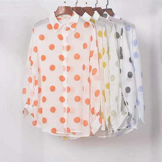Dot Chiffon Sunscreen Female Summer Korean Version Loose Shirt Regular Turn-down Collar Printing Woman Tops