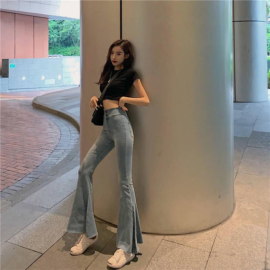Fashion Trend Women Models Fashion Women Jeans Denim Female Mid Waist Stretch Slim Flare Pants