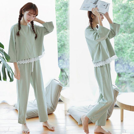 Women's Spring Autumn Long-sleeved Pajamas Set Lace Edge Round Neck Solid Color Loose Large Size Sweet Three-quarter Sleeve Home Wear Suit