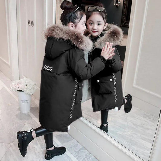 Girls' Winter Children's Clothes Western Style Padded Jacket Big Children's Mid-length Padded Hooded Padded Jacket with Fur Collar