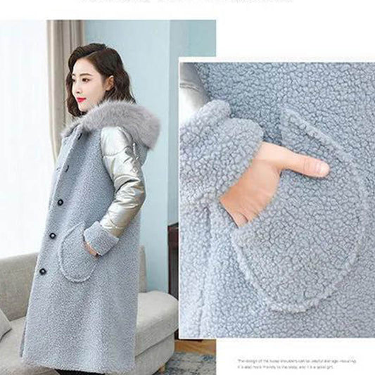 Autumn and Winter Mid-length Fur Women's Coat with Grained Pile Loop Fleece Faux Fox Fur Collar Faux Lamb Fleece Coat