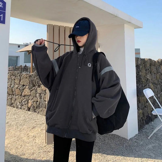 Hooded Sweater Women's Fleece Thickening Autumn and Winter Korean Version Loose Cardigan Mid-length Baseball Uniform Retro Jacket Zipper Coat