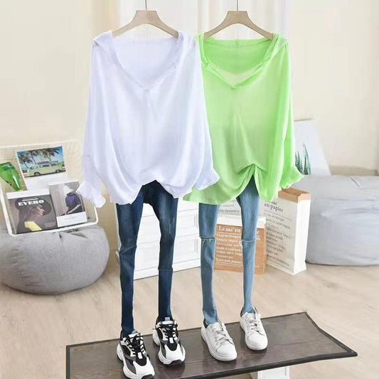 Thin Section Hooded Blouse Korean Version Loose Large Size Casual Shirt Solid Color V-neck Long-sleeved Sun Protection Clothing Female Summer