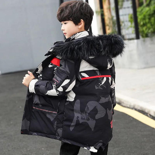 Boys' Cotton Coat Big Children's Winter Coat Medium and Long Camouflage Printed Padded Jacket with Hood and Velvet Padded Down Jacket