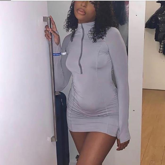 Women's Tight-fitting Stretch Collar Zipper Long-sleeved Dress Daily Wear Office Dating Soprt