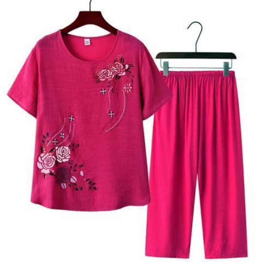 Women Clothes Floral Print T-shirt Pants Loose Two Pieces Set Summer Homewear Set Short Sleeve Outfit for Middle-aged