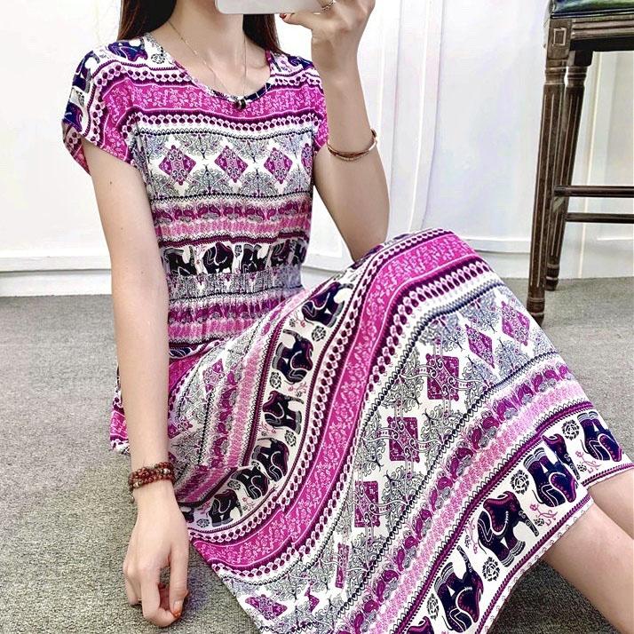 Fairy Dress Printed Vest Mid-length Dress Summer Ethnic Style Cotton Silk Floral Dress Seaside Vacation Waist Mid-length Dress