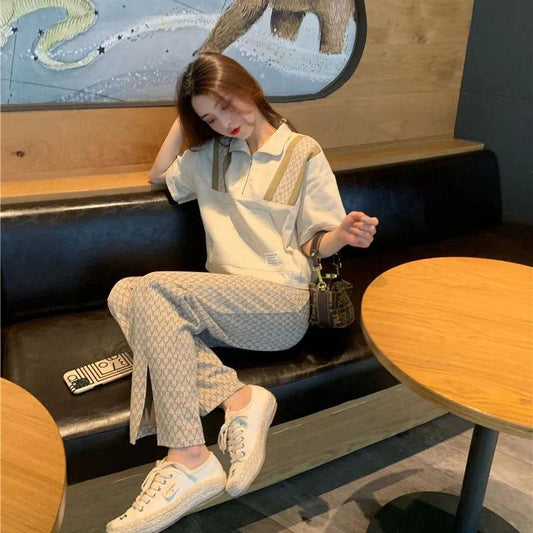 2PCS Women's Spring and Summer Casual Suit Retro Half Cardigan Top + Split Wide Leg Pants Two-piece Suit Ladies Elegant Tall and Thin Suit