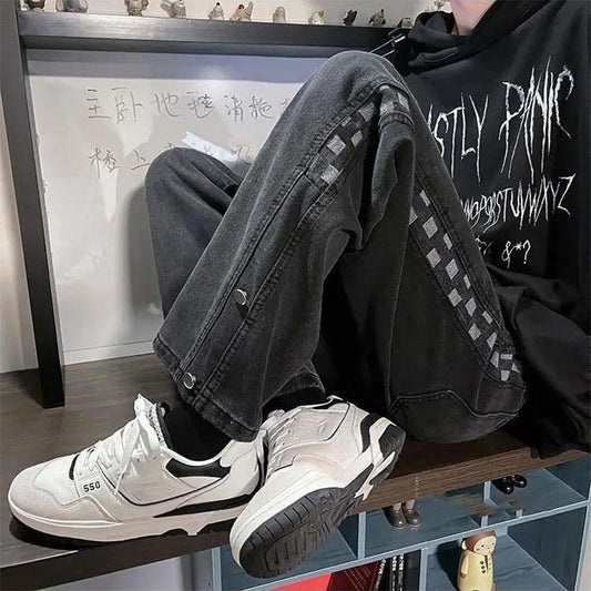 Men's Loose Straight Wide-leg Pants Autumn Ins Plaid Stitching Jeans Pendant Long Pants