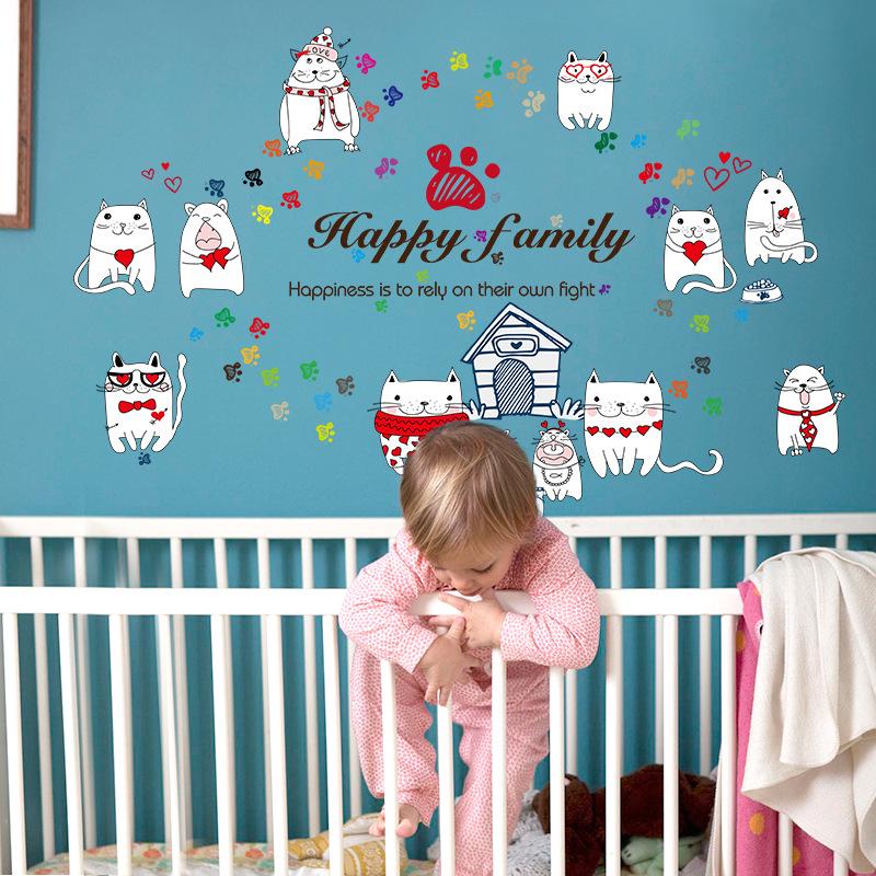 Warm creative cute cat kindergarten background decoration removable wall paper stickers