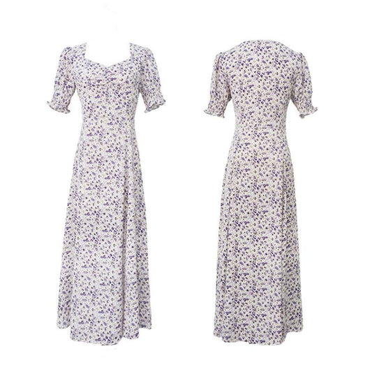 Summer Retro French Square Neck Puff Sleeve Split Dress Oil Painting Purple Floral Long Skirt French Retro Ladies Dress Chiffon Dress