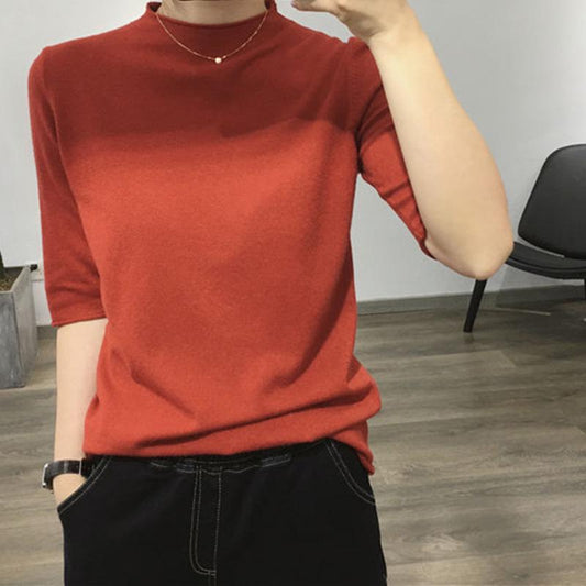 Spring and Autumn Slim Loose Bottoming Shirt Long Sleeve Casual Short Knit Sweater Female Half Turtleneck Sweater Women