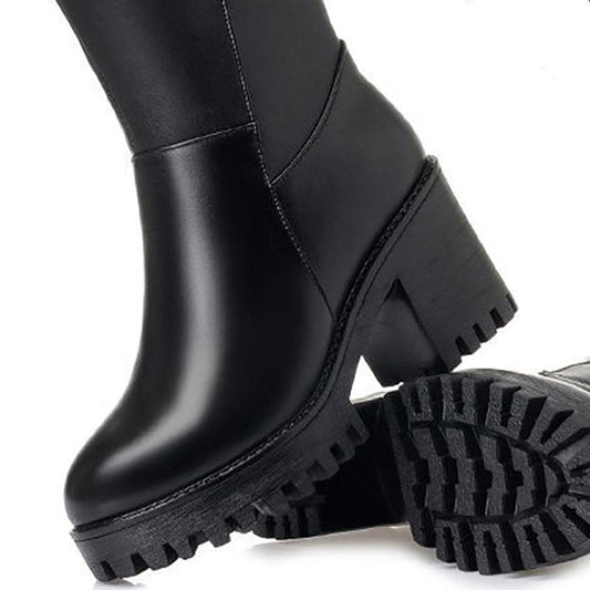 Winter Non-slip Cotton Boots Women's Mid heel Warm Martin Boots Plus Velvet Padded Shoes Thick soled Leather Shoes