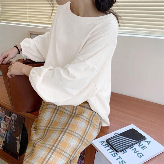 Fall Solid Simple oversized Tee harajuku long T Shirt Women T-shirts White Black long Sleeve Pullover