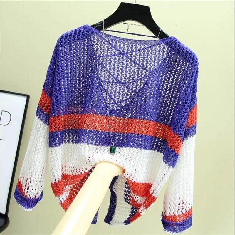 Loose Ice Silk Sunscreen Tops Thin Hollow Knitted Blouses Women's Casual Tops Personality Hollow Color Matching Sweet Pullovers