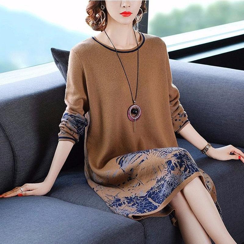 Autumn and Winter Round Neck Long-sleeved Sweater Mid-length Loose and Thin Dress Knitted Over-the-knee Sweater Skirt