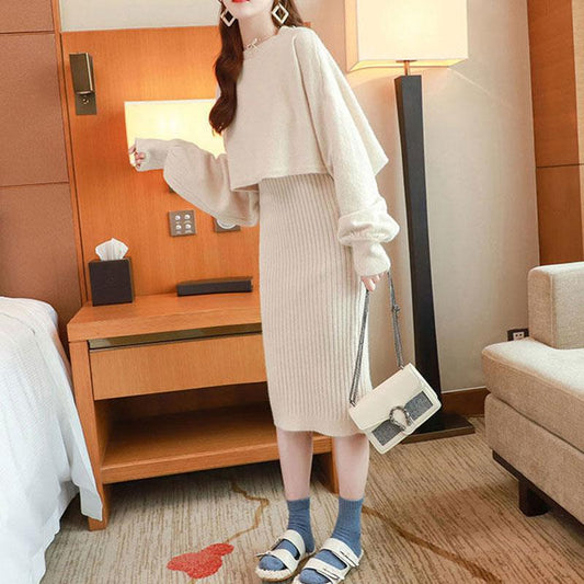 Two Piece Set Women Autumn Wear Loose Pullover Batwing Sweater and Sleeveless Strap Sweater Dress Ladies Outfits