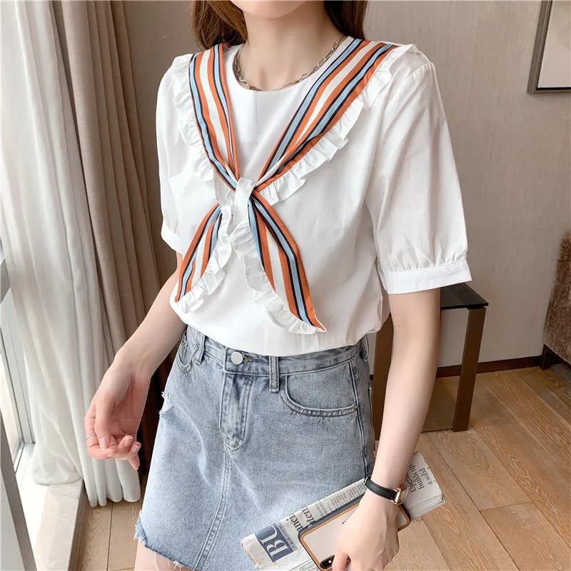 Short Sleeve T-shirt Women's Summer Loose Round Neck Tie Bow All Match Top