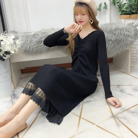 Pofulove 6 Colors Women Pretty Sweater Dress Long Section Turtleneck Lace Knitted Skirt Pullover
