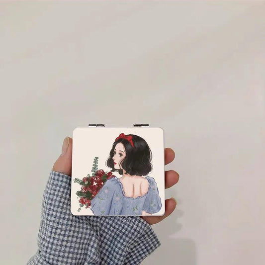 Double-sided Mirror with Flip Cover Cartoon PU Ladies Makeup Mirror Collapsible Must-have Makeup for Travel Appointment Portable HD Thin and Light