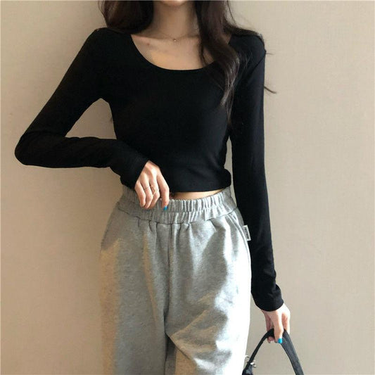Spring Fall Summer Fashion Women Clothes Cotton Round Collar Long Sleeves Elastic High Waist Sexy Pullover