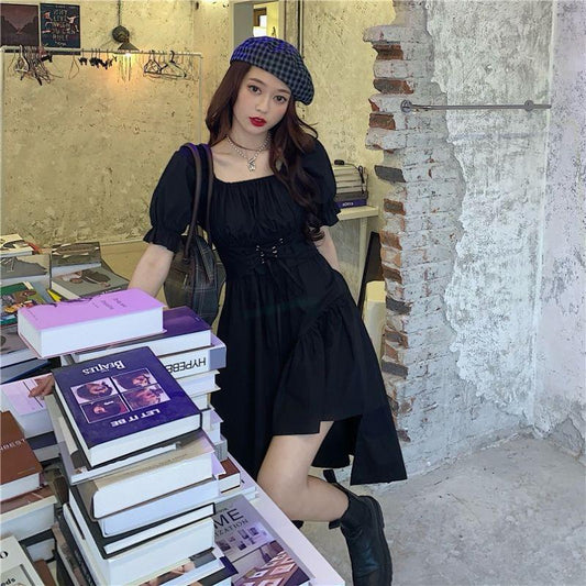Women's Summer Simple Elegant Slim Minority Irregular Bubble Sleeve Solid Color Dress