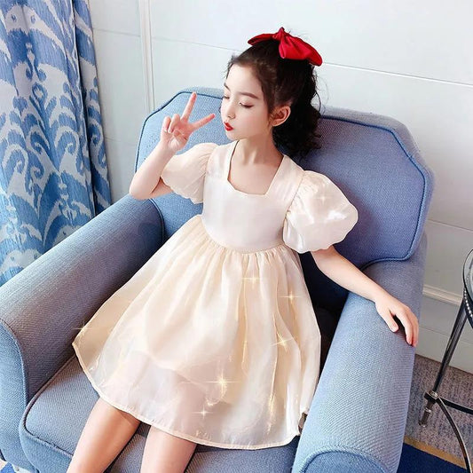 Girls Dress Summer Temperament Solid Color Retro Style Puff Sleeve Princess Dress 4-8 Years Old Girl Sweet Dress A-line Skirt