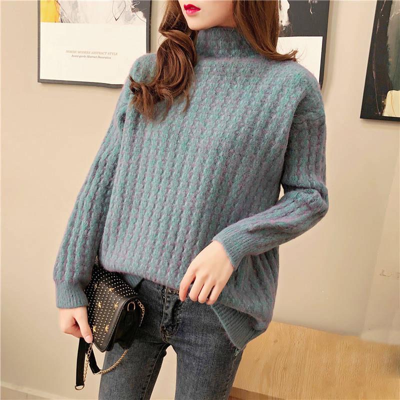 Pofulove Alpaca Half-high Collar Pullover Sweater Women Loose Fall Winter Bottoming Thick Shirt
