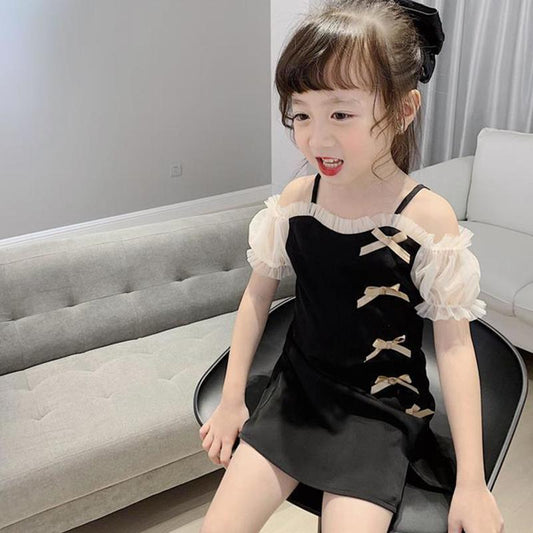 Children Dress Girls' Summer Dress Korean Sweet Casual Dress Bowknot Mesh Suspender Dress Ruffle Shoulder