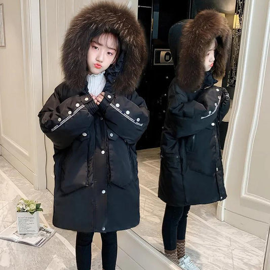 Girls' Warm and Windproof Cotton Coat Mid-length Thick and Velvet Autumn and Winter Jacket