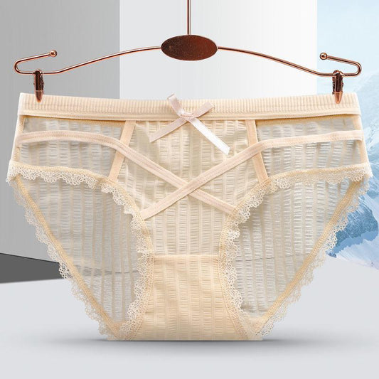 Girly Sexy Sweet Cotton Underwear Crossed Sexy Seamless Nude Briefs Hollow Transparent Mid-to-low Waist Briefs