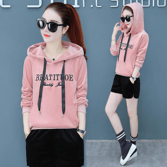 Thickened Double-faced Fleece Top Autumn/winter Embroidery Hooded Sweater Women's Pullover Long-sleeved Blouse