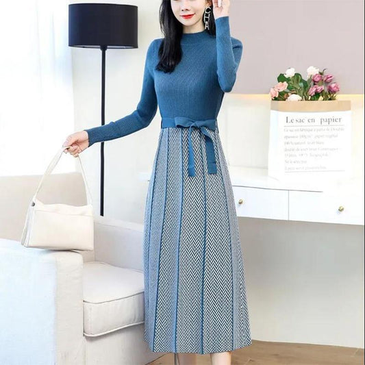 Knitted Dress Women's Clothing Autumn Winter 2021 Fashion Knit Stitching Pleated Dress with Bow Loose Loose Waist