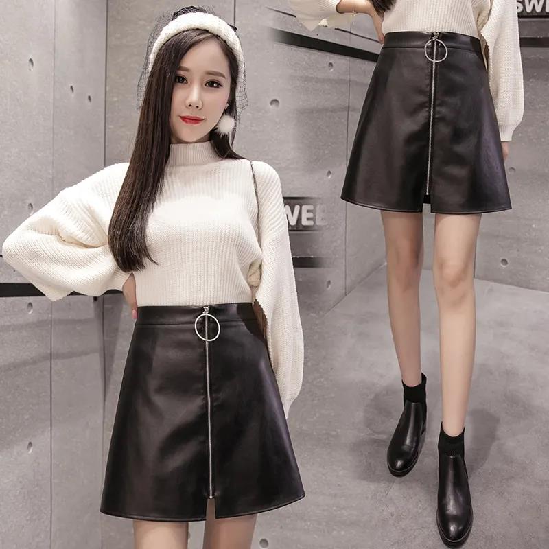 Female Vintage Leather Ring Zipper High Waist A-line Skirt Elegant Slim Short Wrap Hip Club Versatile Skirt