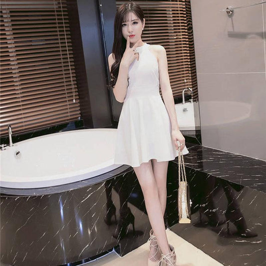 Fashion Summer Off-shoulder Sexy Halter Dress Slim A-line Halterneck Dress Hollow Short Dress