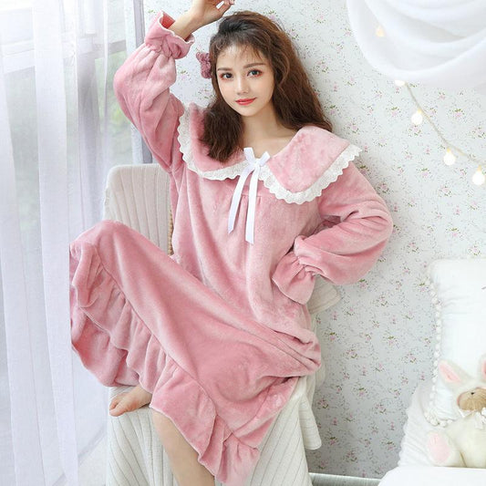 Flannel Nightdress Women Thick Coral Fleece Pajamas Women Long Sleeves Sweet and Cute Princess Style Large Size Loose Home Service