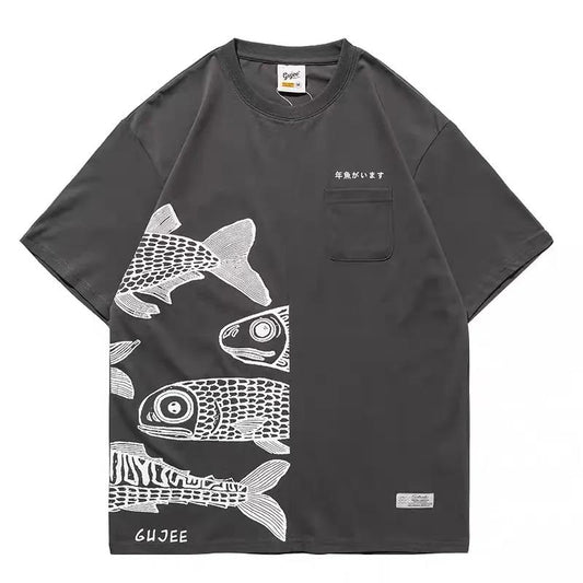 Japanese Cotton T-shirts Mackerel Print Patchwork Tees Summer Oversized O-neck Short Sleeve Casual Shirts Men Clothing