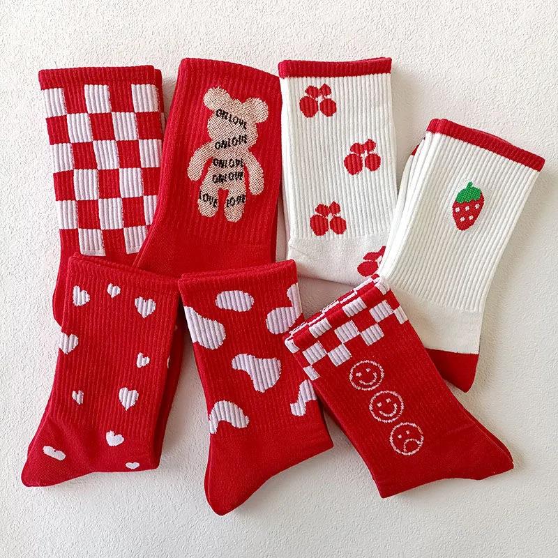 Five Pairs of Women's Red Socks Korean Cute Cotton Socks Cartoon Knitted Pattern Stockings