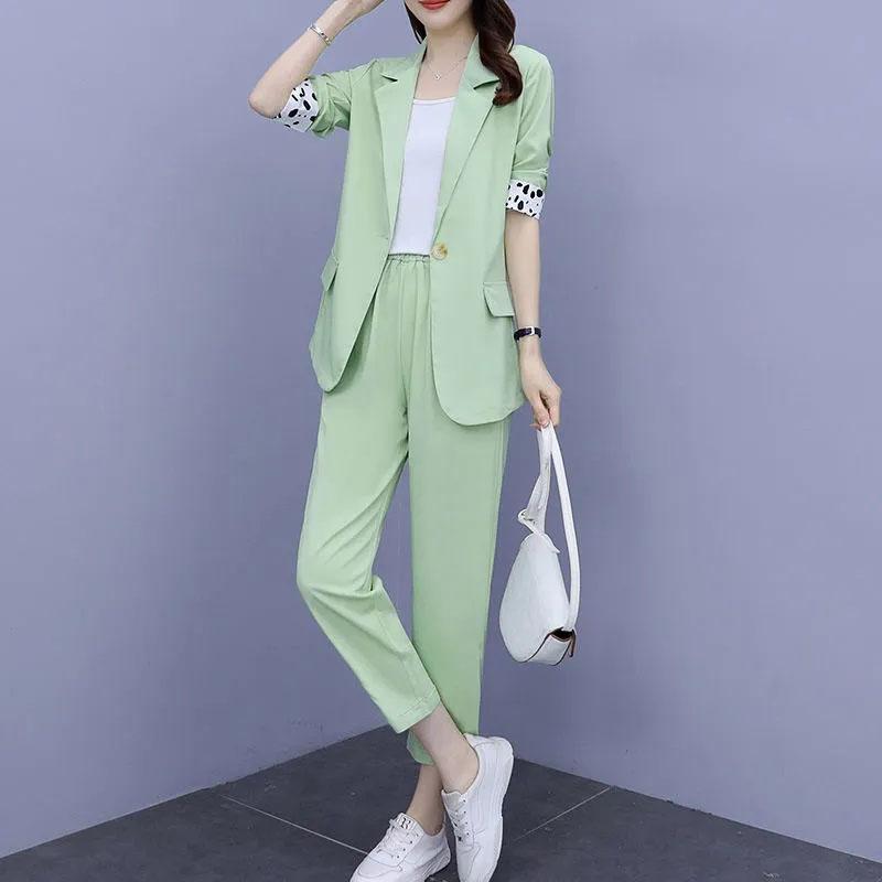 2PCS Women's Solid Color Suits Set Spring and Autumn Suit Thin Jacket + Loose Casual Pants Two-piece Large Size Fat Girl Slimming Suit