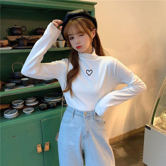 Pofulove Half-high Collar Plus Velvet Winter New Students Slim Warm Inner Long-sleeved Women