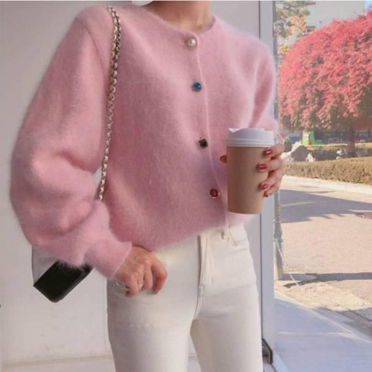 Women Faux Mink Cashmere Lazy Loose Crew Neck Sweater Knitted Cardigan Button Coat