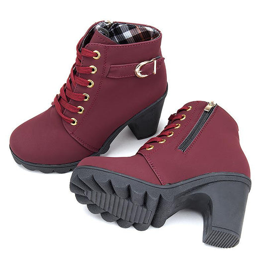 Winter Women Boots PU Leather Fashion High Heels Boots Women Lace-up Martin Shoes Woman