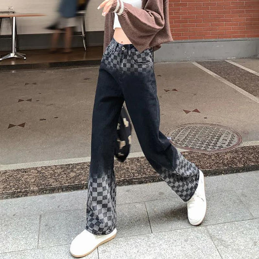 Chess Board Graded Jeans Female Korean Version of The Design High Waist Slim Vertical Straight Wide Leg Trousers