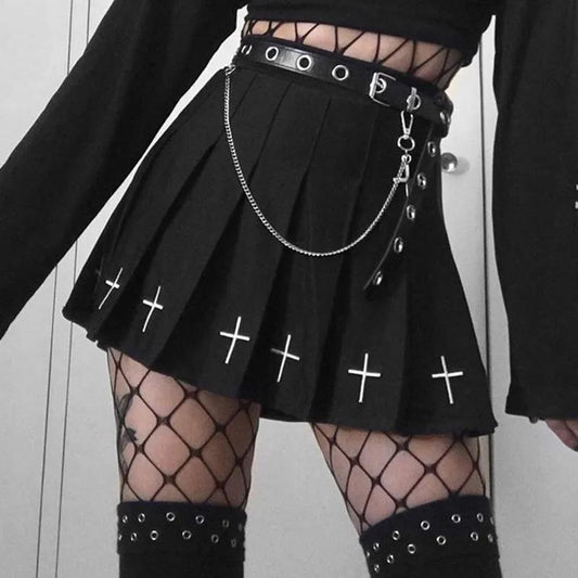 Gothic Cross Stitch Dress Punk Black Skirt Little Black Dress College Pleated Skirt